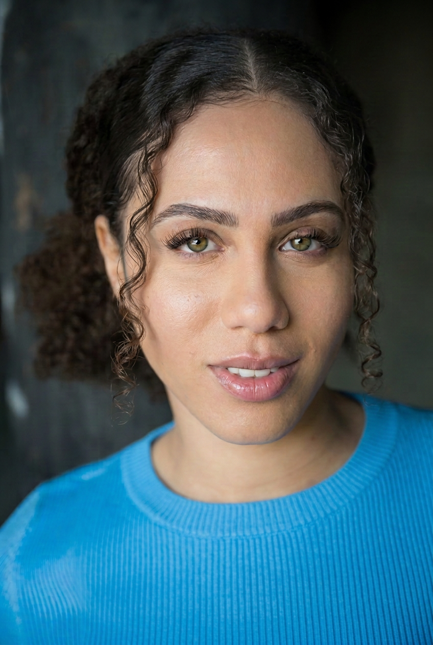 Natural-light close headshot of Ashlyn in blue with soft face-framing curls.